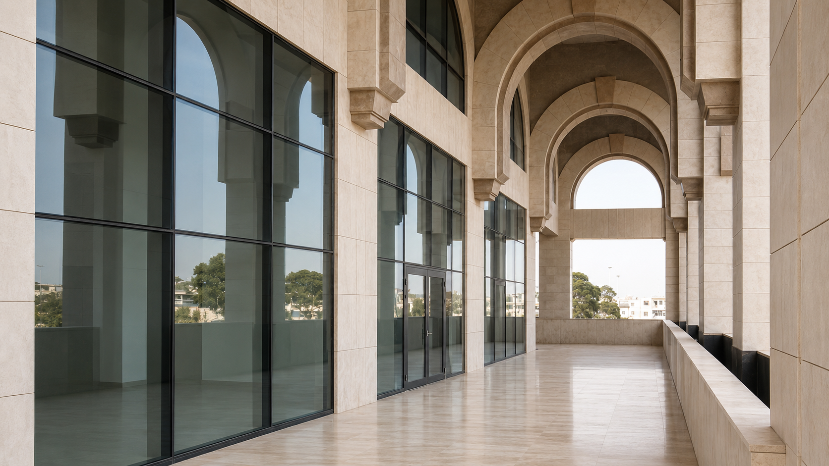 Rivestimento, parete ventilata, archi, Travertino, Daawa Investment Complex, Tripoli