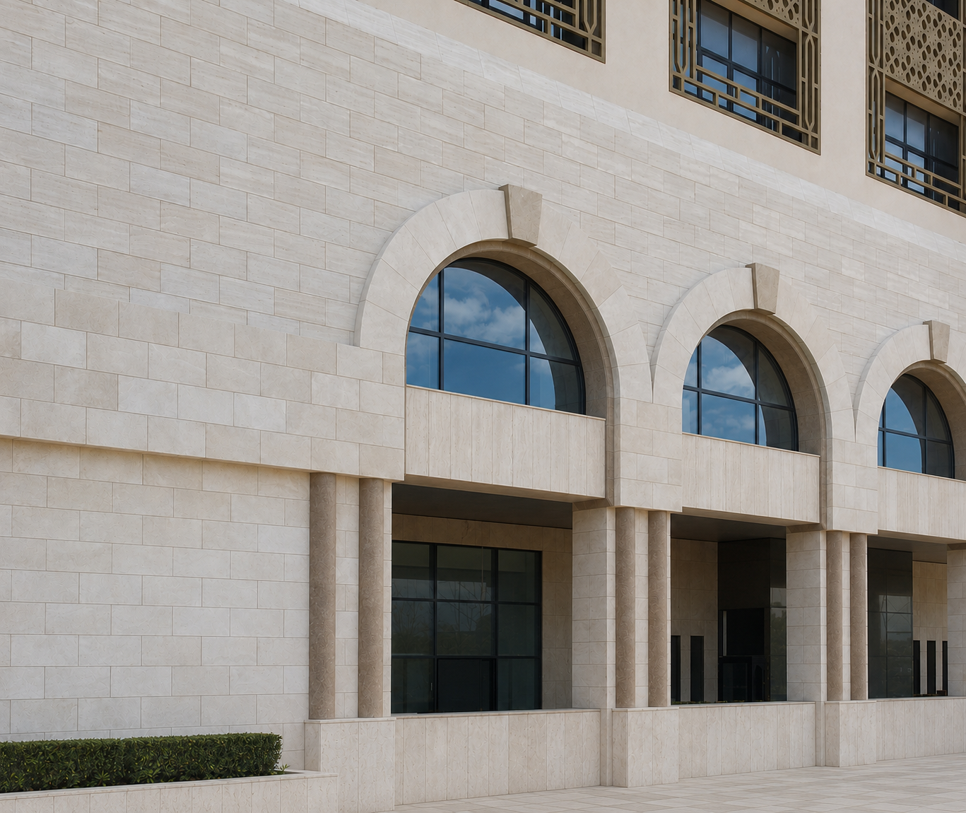 Rivestimento, parete ventilata, archi, Travertino, Daawa Investment Complex, Tripoli