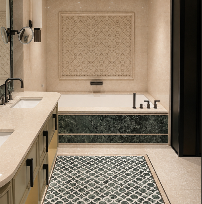 bagno, vasca, decoro, intarsio, botticino light, verde alpi, esterno, Grand Hotel Ampezzo, Cortina D'Ampezzo