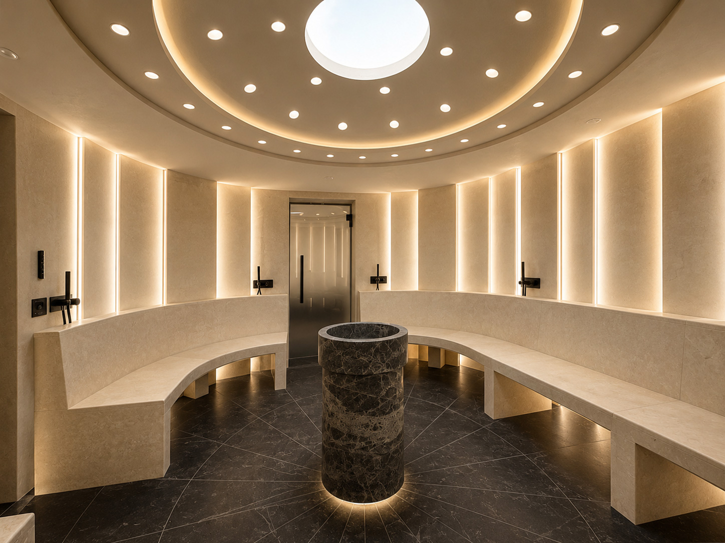bagno turco, hammam, panca, pavimento, rivestimento, botticino light, jolie grey, esterno, Grand Hotel Ampezzo, Cortina D'Ampezzo