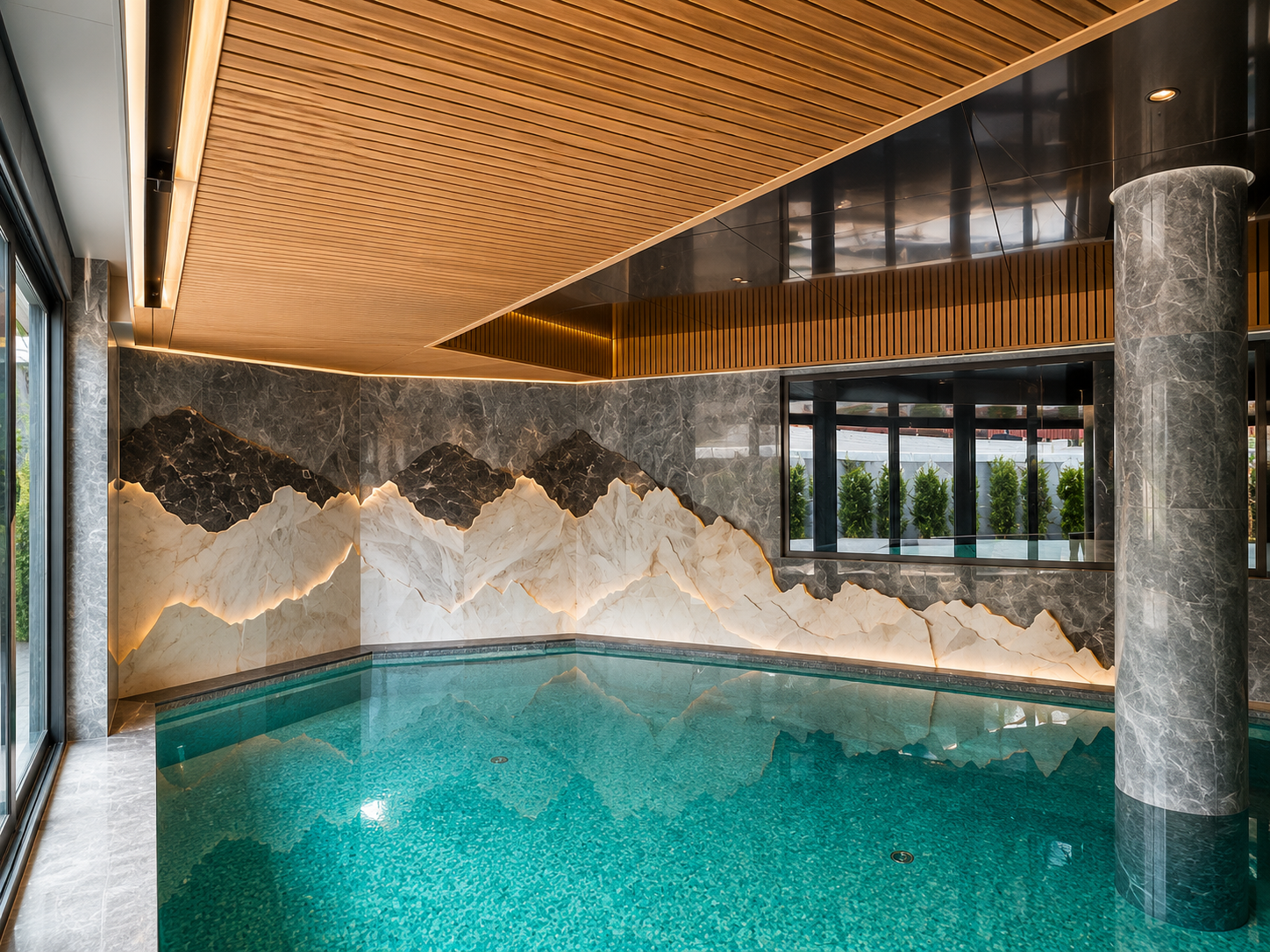rivestimento montagne, spa, piscina, colonna, jolie grey, onice bianco, cristallo, bellaggio, esterno, Grand Hotel Ampezzo, Cortina D'Ampezzo