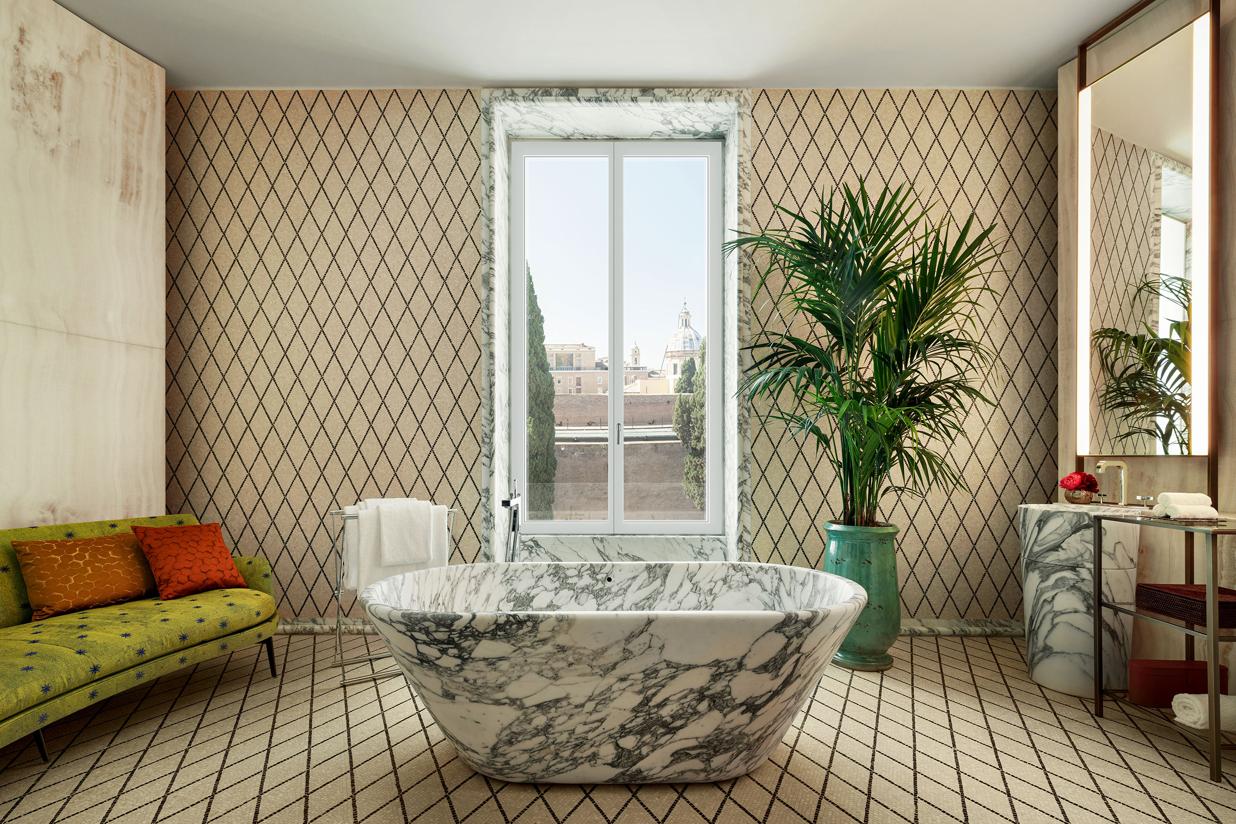 Bagno, vasca, lavabo, rivestimento, arabescato corchia, onice ivory, Bulgari Hotel Roma