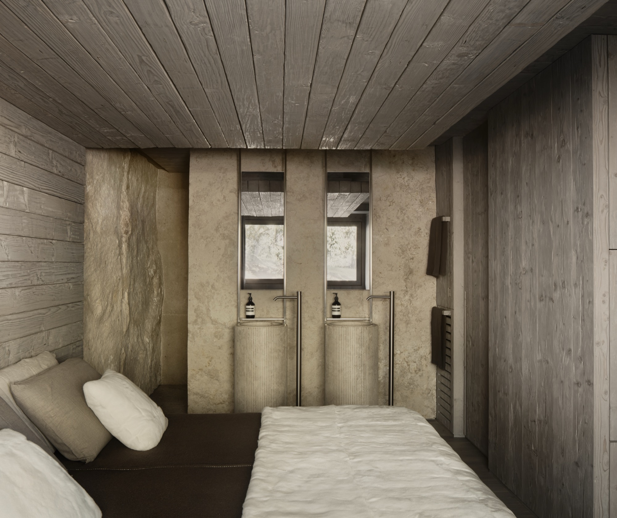 camera, lavandini, massello, spacco naturale, travertino, residenza privata Cortina D'Ampezzo